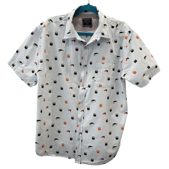 Creative Destruction Mens Sushi Print Shirt Large Short Sleeve Light Blue - Picture 1 of 6